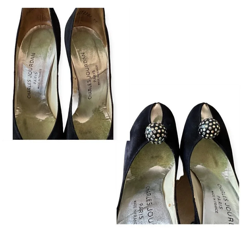 Vintage Charles Jourdan‎ Black Suede Heel with Rhinestone Ball. Size 7 2A